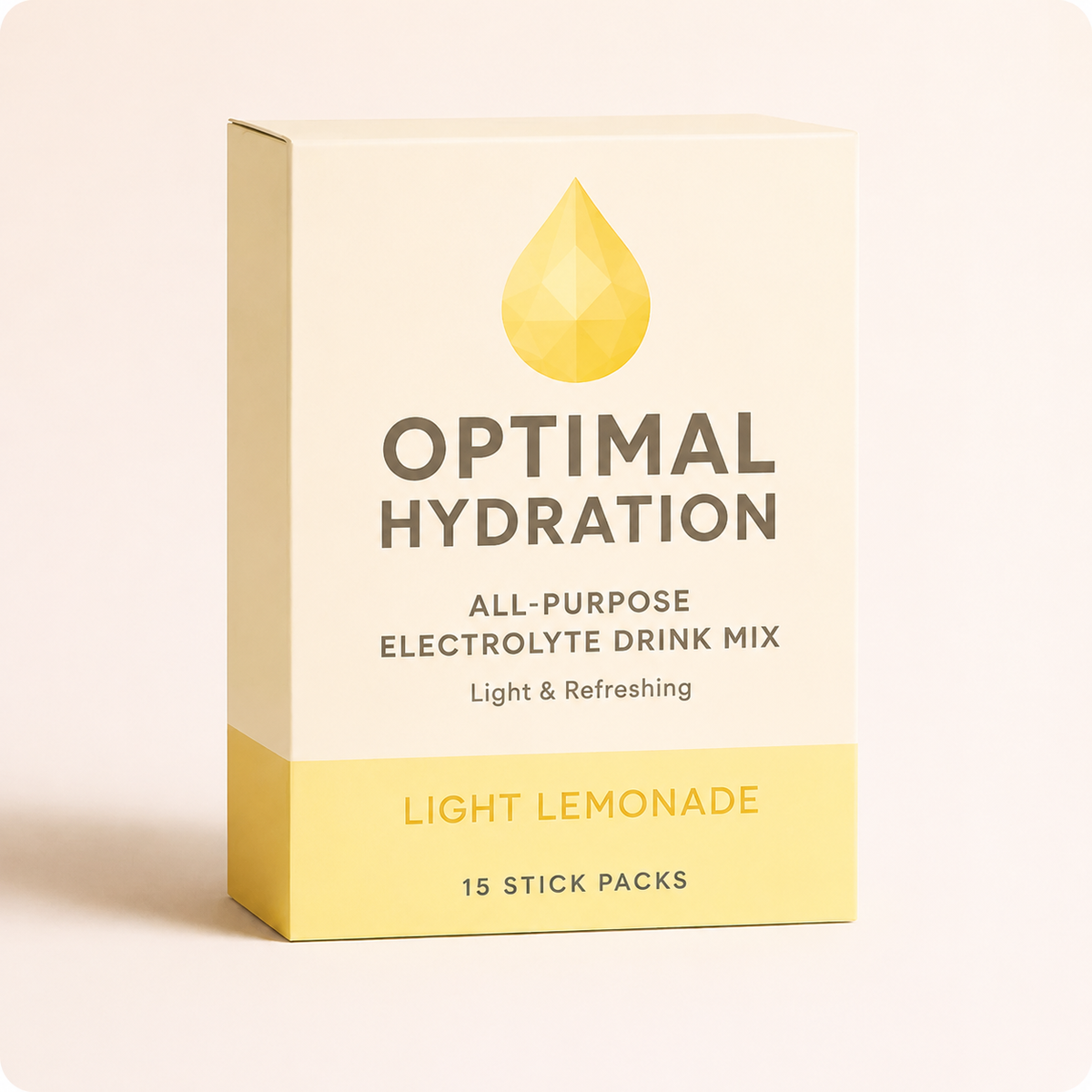 Box of Optimal Hydration All-Purpose Electrolyte Drink Mix in Light Lemonade flavor on a beige background