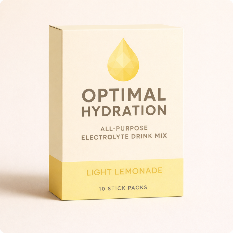 Box of Optimal Hydration all-purpose electrolyte drink mix in light lemonade flavor on a beige background