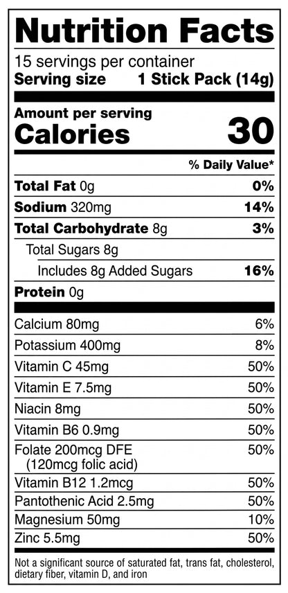 A Nutrition Facts label for a stick pack showing serving size, calories, and nutrient content per container on a white background.