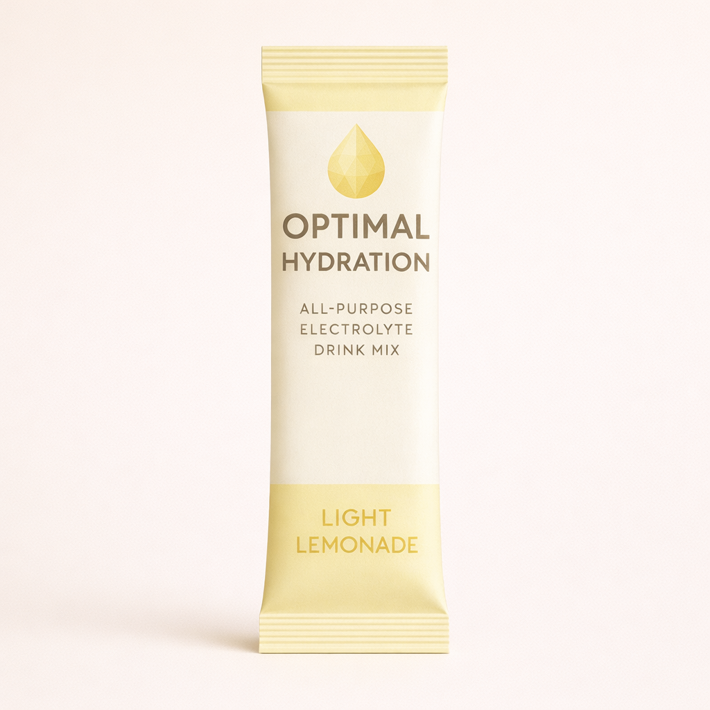 Optimal Hydration all-purpose electrolyte drink mix stick pack for light lemonade flavor on a beige background